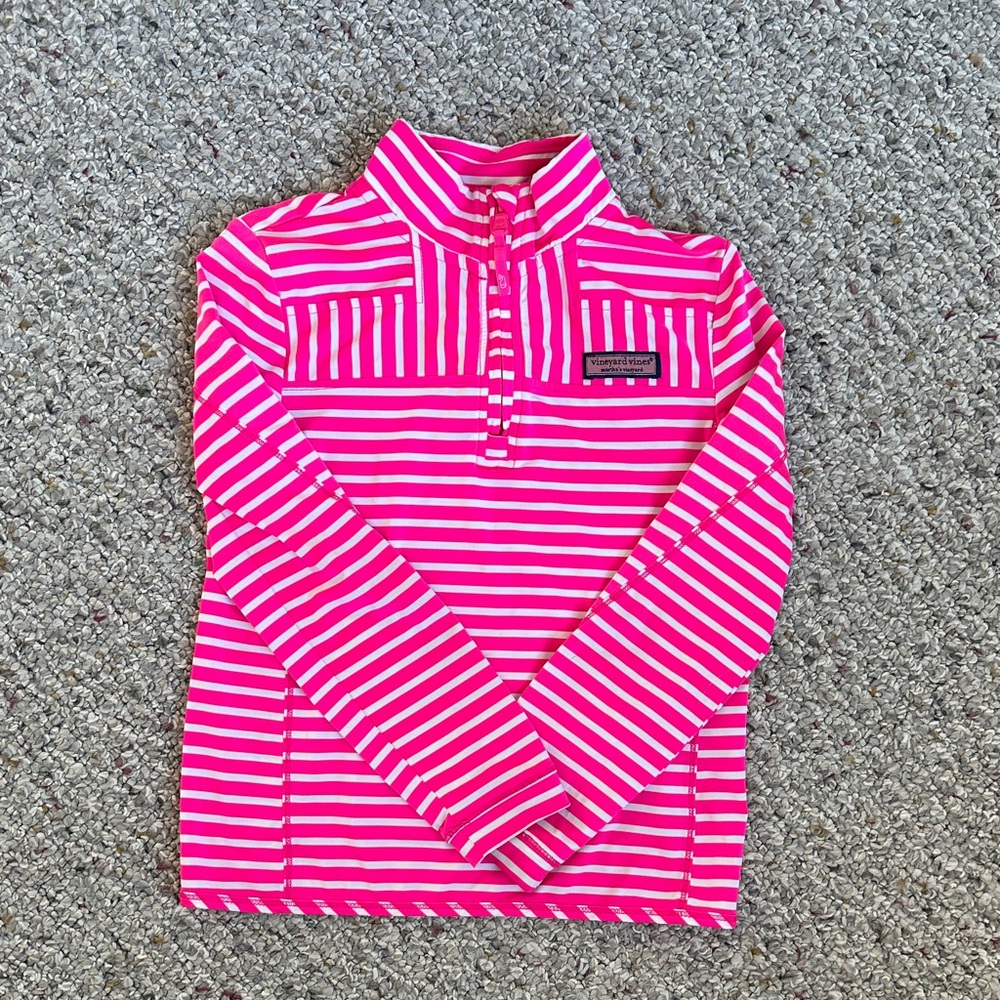 Vineyard Vines Kids Pink and White Striped Long Sleeve quarter zip UPF 50